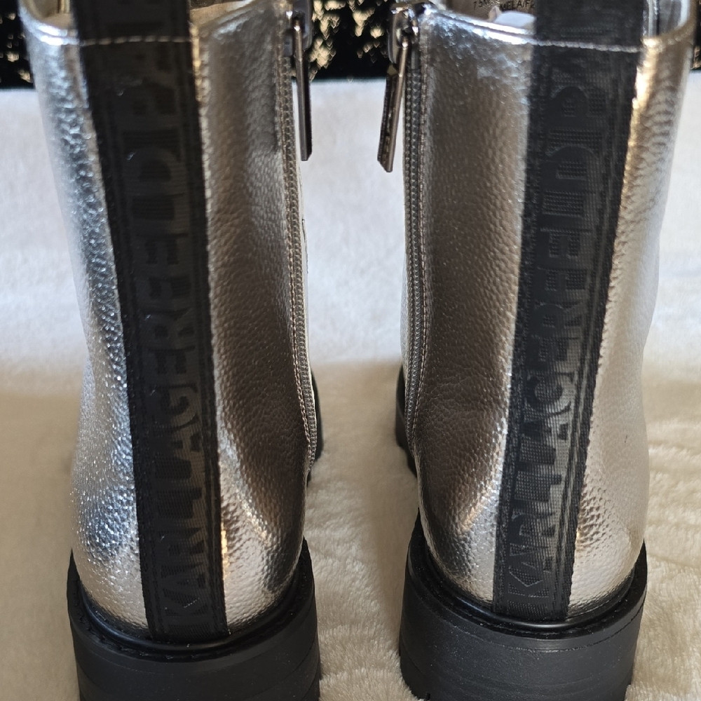 Karl Lagerfeld Paris Metallic Silver Boots with Simmering Chain Accents - Picture 7 of 13